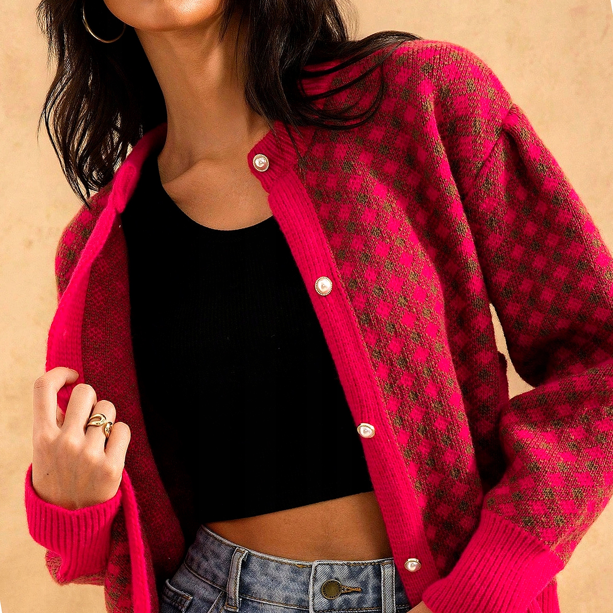 Kardigan Svetr Casual Oversize s geometrickým motivem Dámský Pudrový S 36