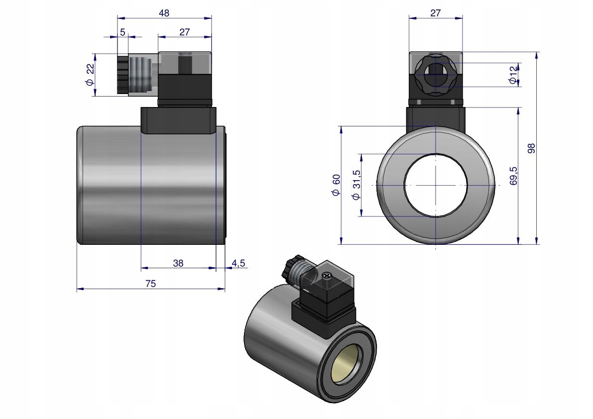 Cewka dzielnika elektrozaworu W-E12DVS6/2-80L. W-E12DVS3/2-80L 12V DC 48W Numer katalogowy części W-CEW12VDC-80
