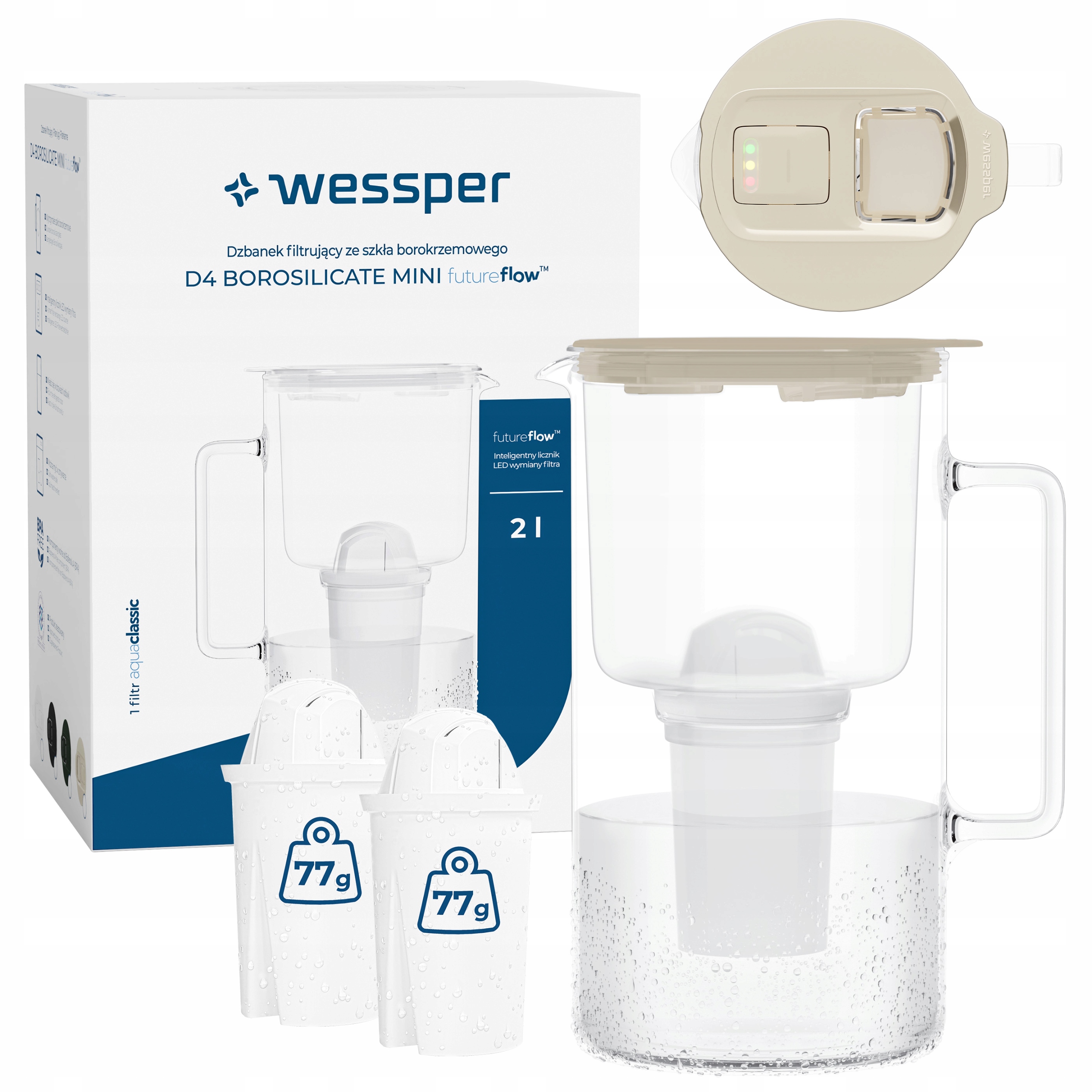 Szklany dzbanek filtrujący Wessper D4 Borosilicate Mini 2l 3x filtr
