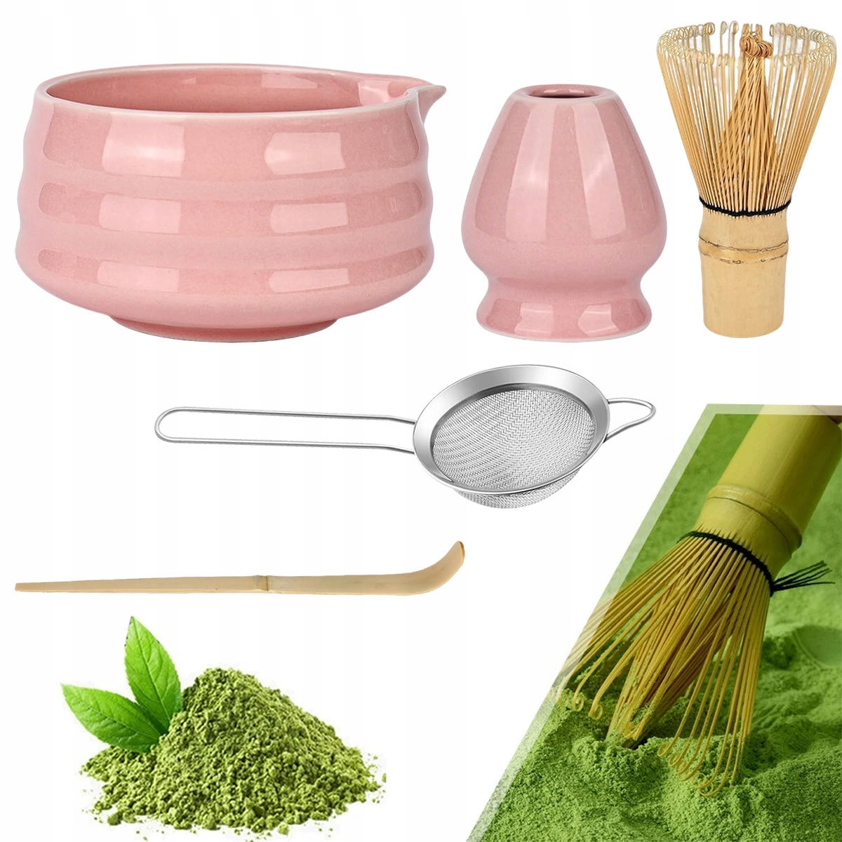 Akcesoria do Robienia Matchy, Zestaw do Matcha z Miską Ceramiczną Różowy