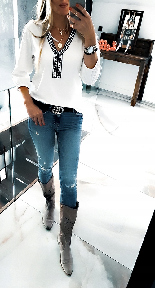 . BLUZKA NA CO DZIEŃ ELEGANCKA DEKOLT V LUŹNA Cechy dodatkowe lampasy