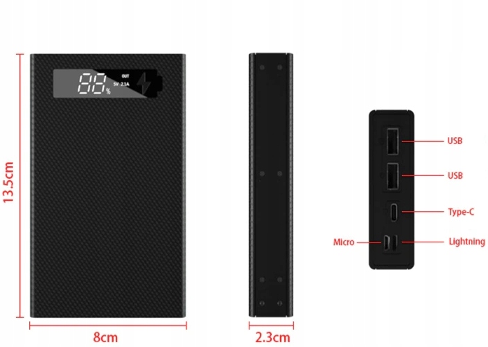 Obudowa PowerBank 5x 18650 USB C Micro SKRĘCANA Typ akumulatora litowo-jonowy