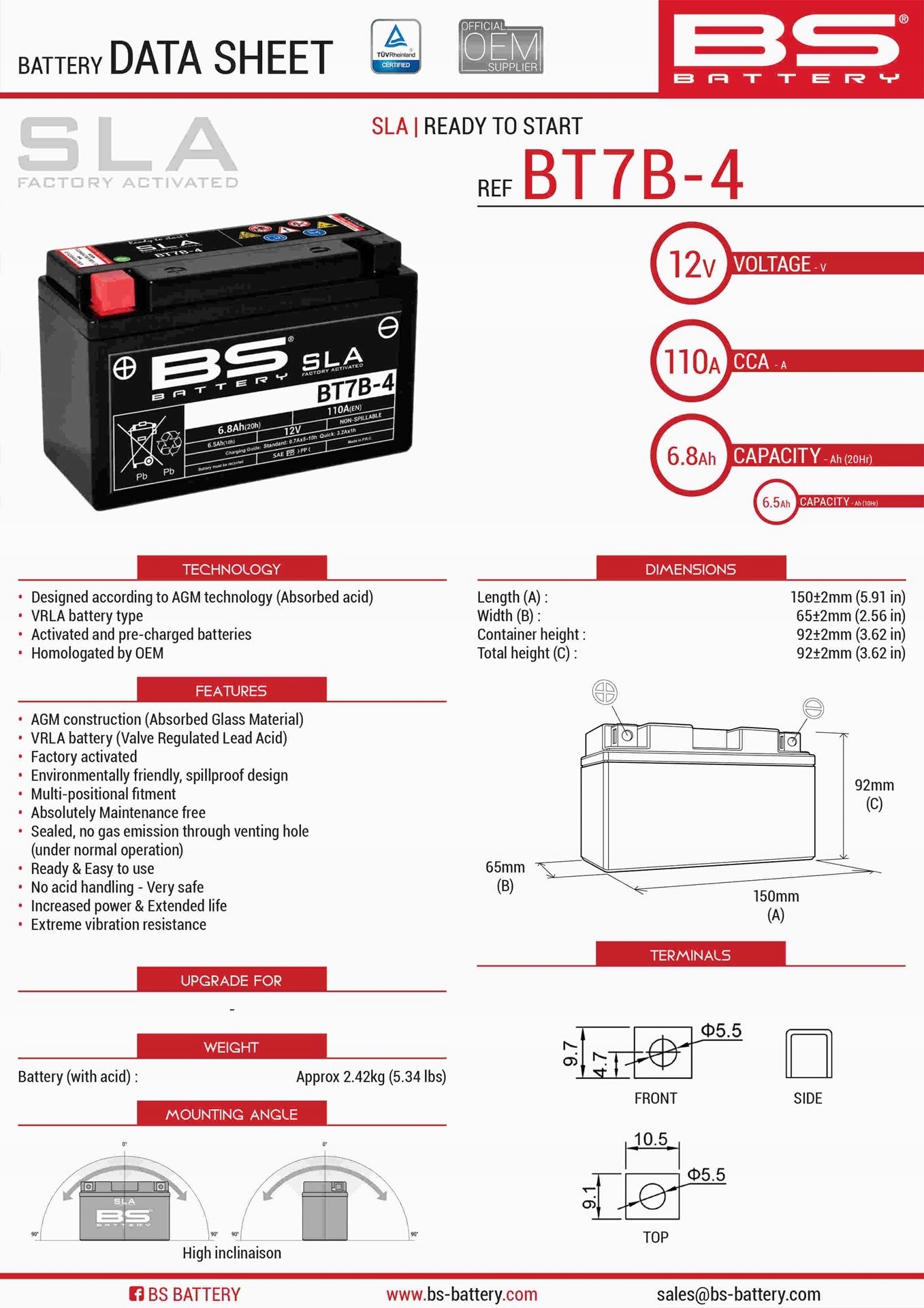Bs Batéria BT7B-4 (fa) (YT7B4) 12V 6,5AH 148X64X90 Bezúdržbový Zaplavený