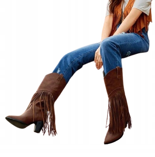 DAMSKIE BRĄZOWE KOZAKI KOWBOJKI FRĘDZLE 39 ŁKA