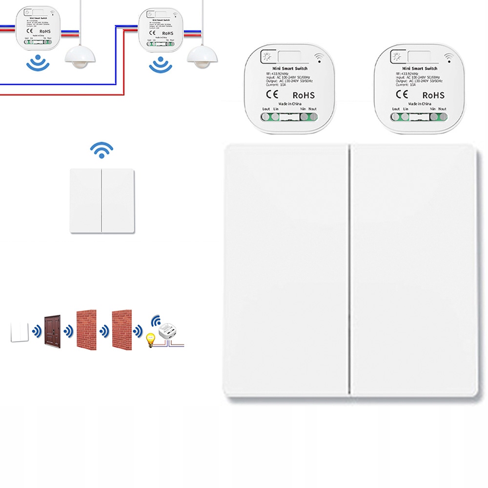 2x Bezdrátový spínač pro jedno světlo s 1 rádiovým přijímačem