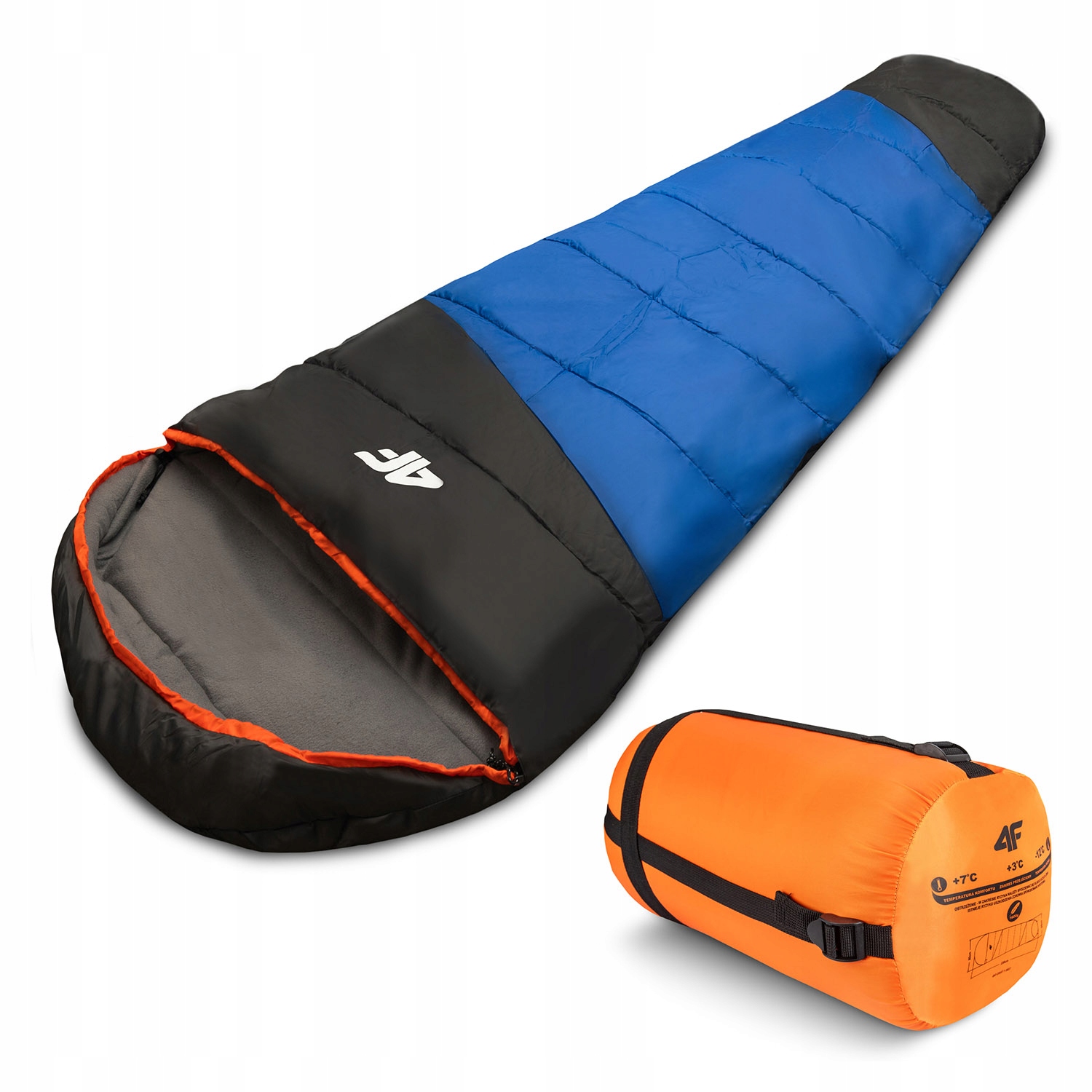 ŚPIWÓR TURYSTYCZNY MUMIA Z KAPTUREM 4F CIEPŁY LEKKI DO -12C 230x80cm Model 4FWSS24ASLBU006-22S