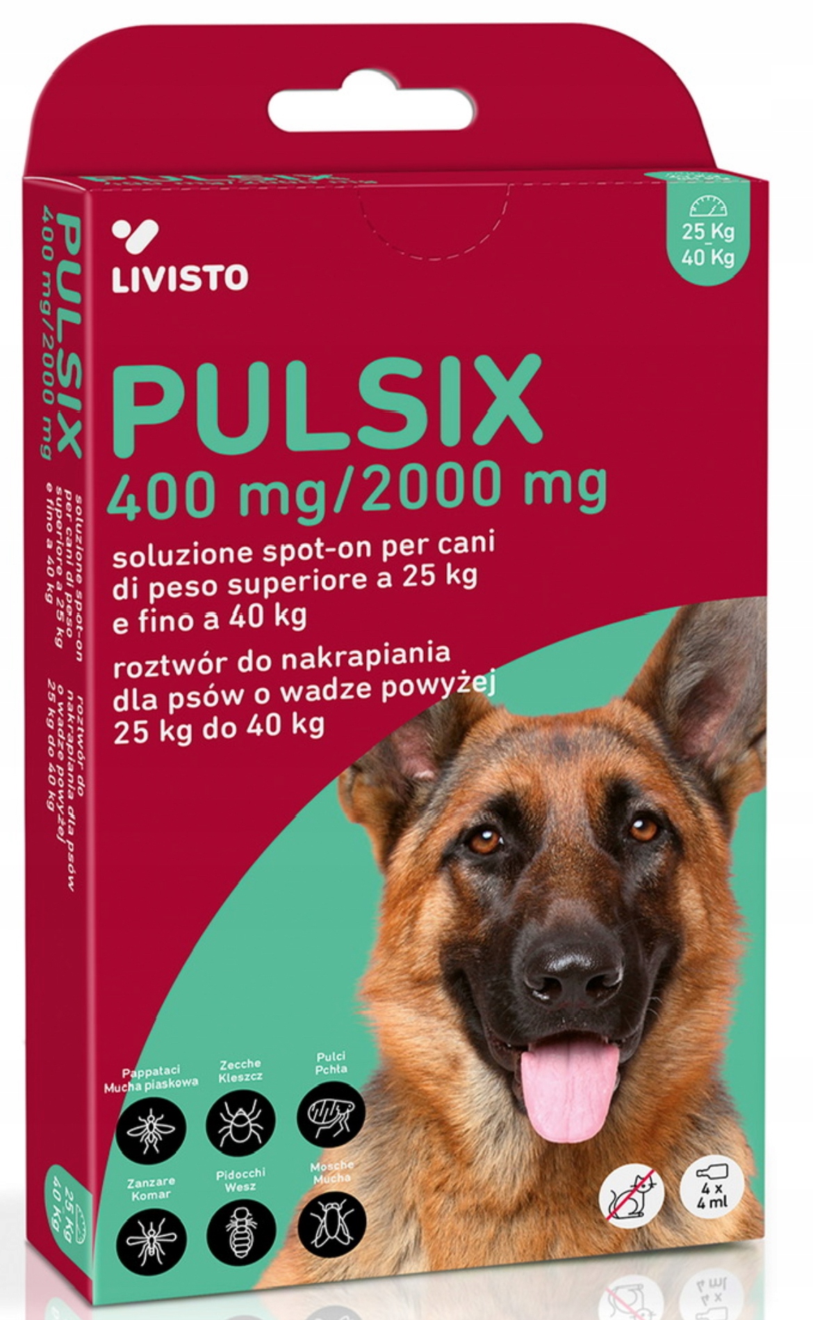 Livisto Pulsix 25-40 kg Imidaklopryd/permetryna na Pchły/Kleszcze 4 Pipety