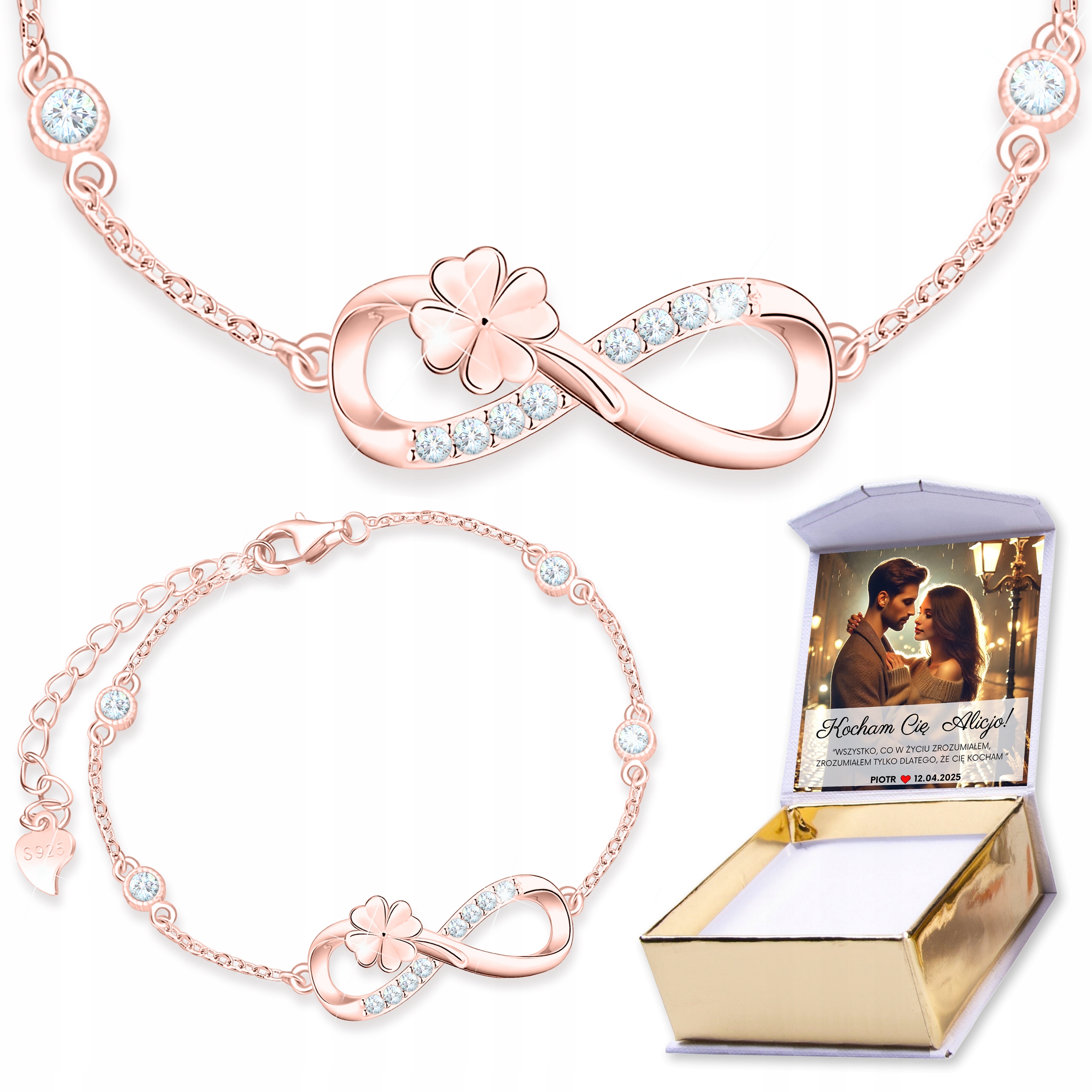 Pozlacený náramek Nekonečno s čtyřlístkovým jetelem Stříbro 925