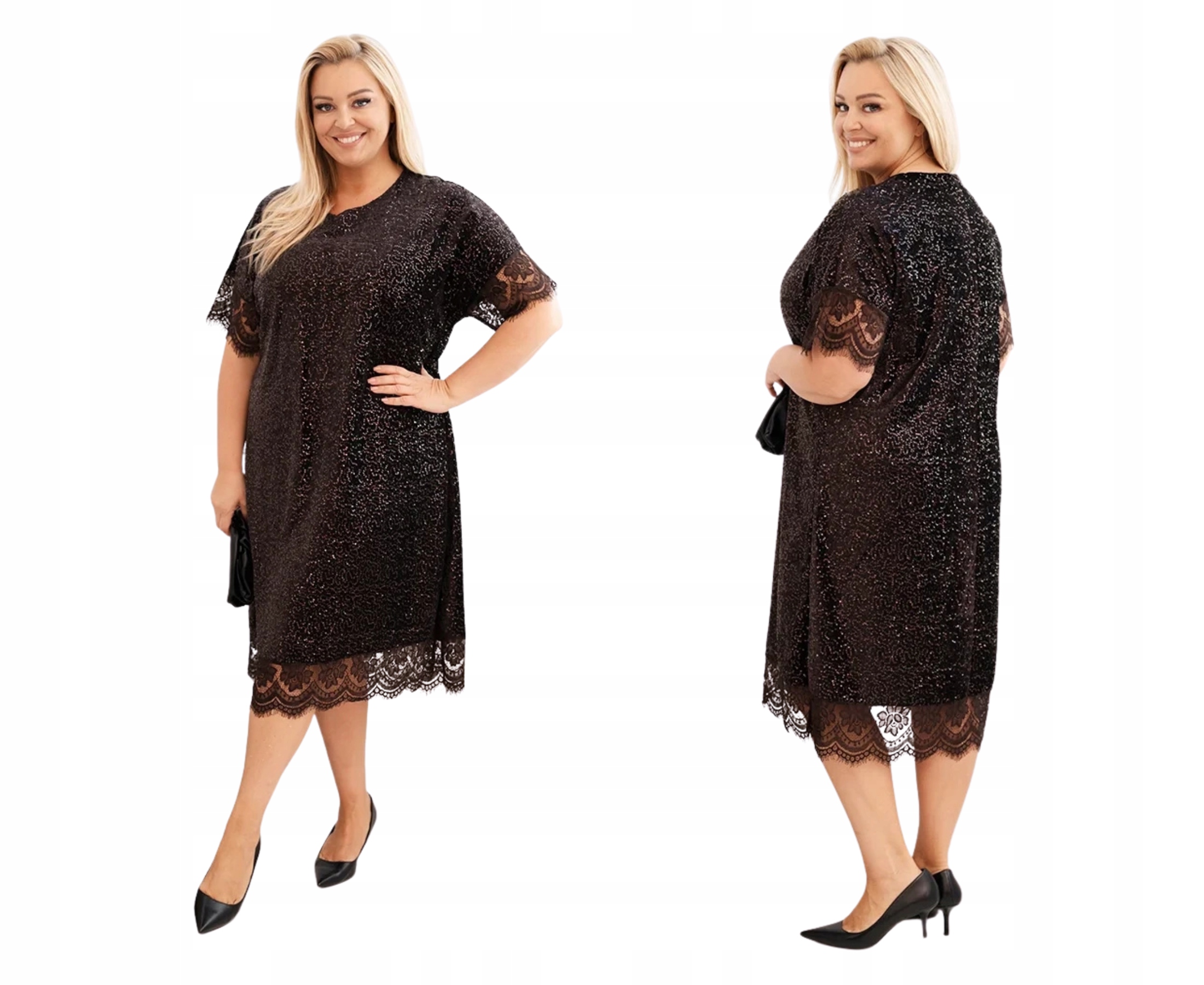 Dámské Šaty pro plnoštíhlé postavy s flitry a krajkovým lemem, hnědé