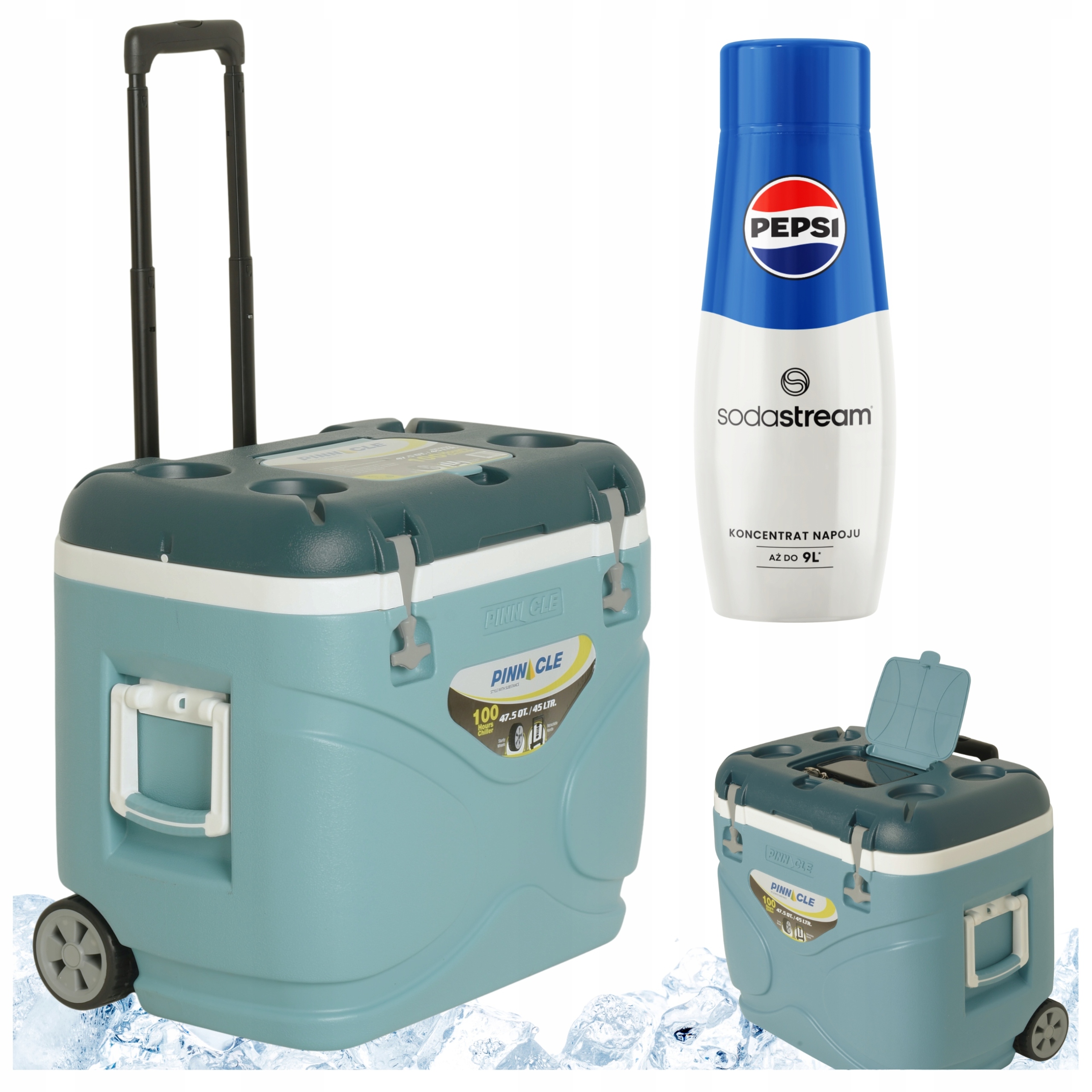 Pinnacle Turistická lednička 45L kolečka světle modrá sirup SodaStream Pepsi