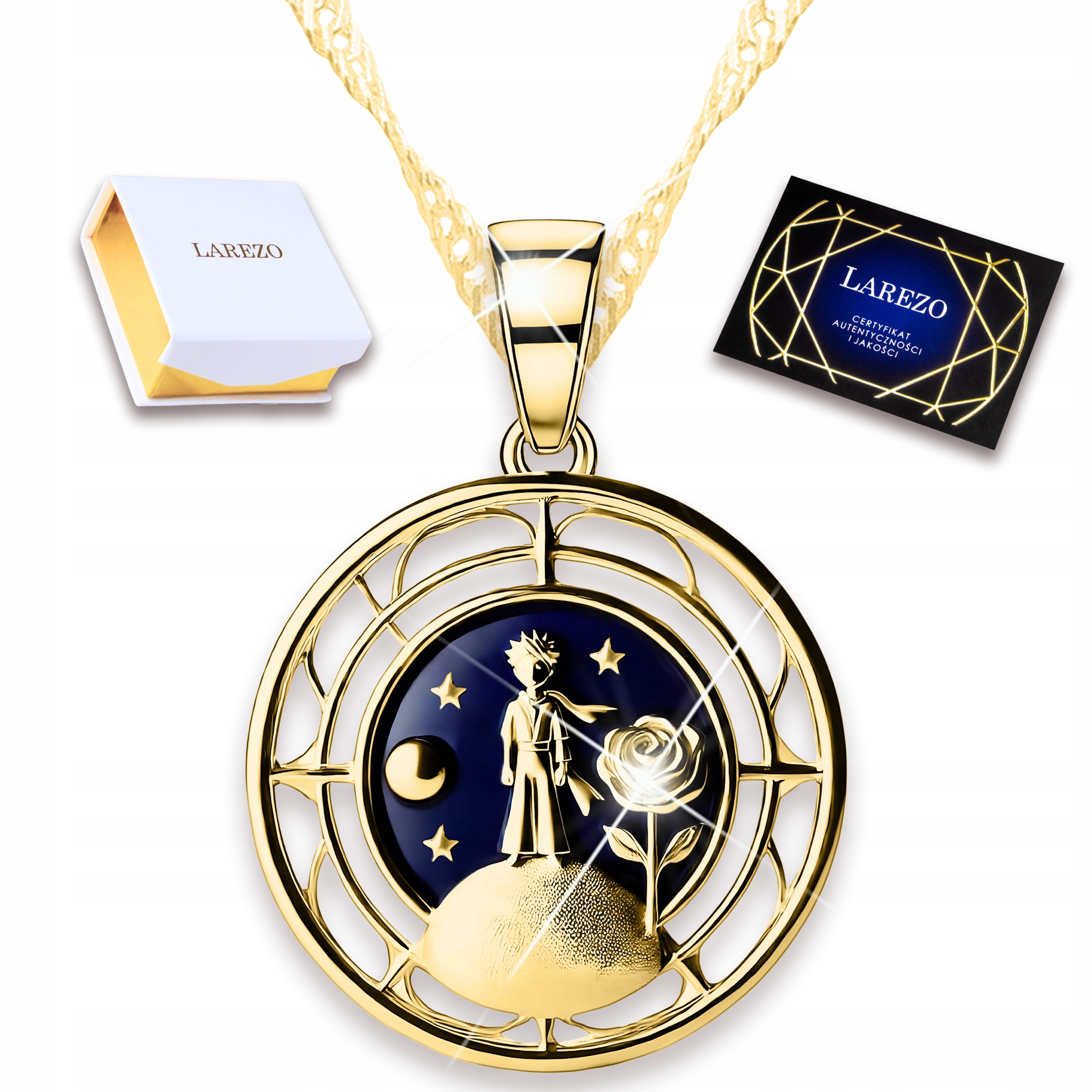 Zlatý náhrdelník Malý chlapec s růží Vesmír Hvězdy Prolamovaná růže Stříbro 925