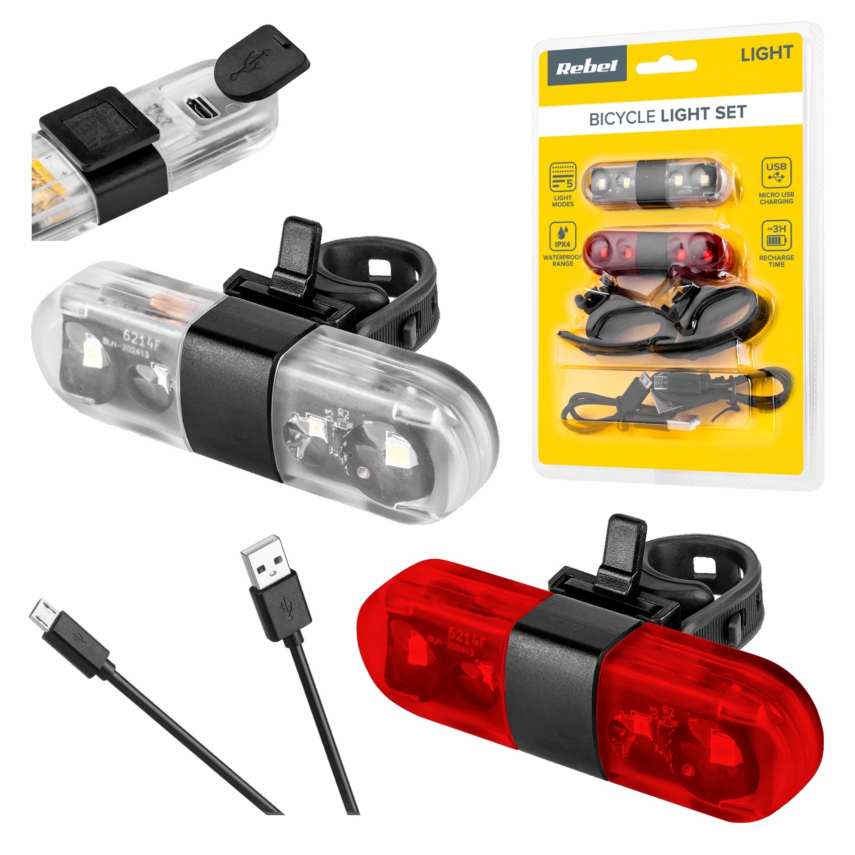 

Lampka rowerowa tylna przednia Led Usb 2 szt Rebel