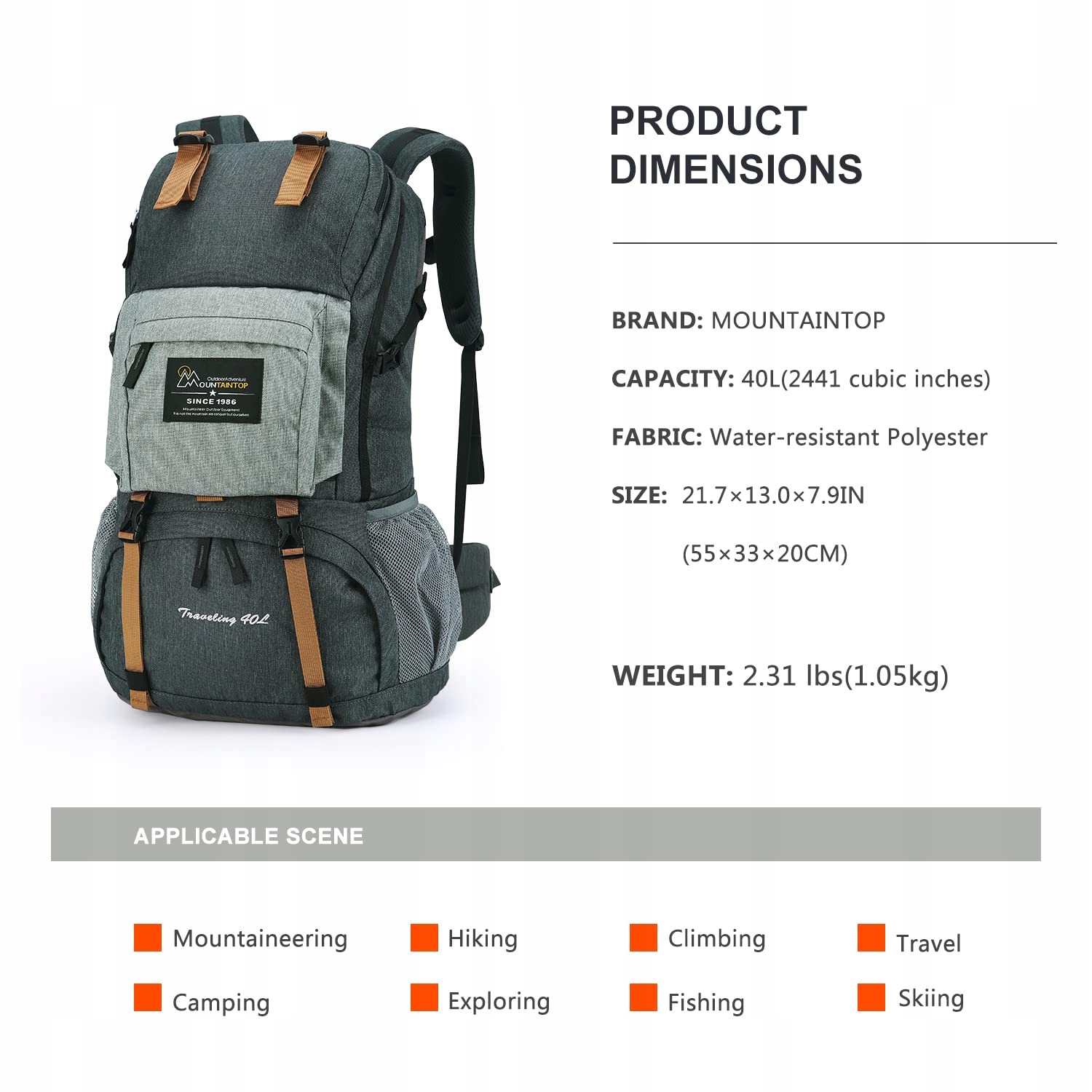 MOUNTAINTOP Plecak Trekkingowy 40L Na Wędrówki Camping Podróże — miniatura 2