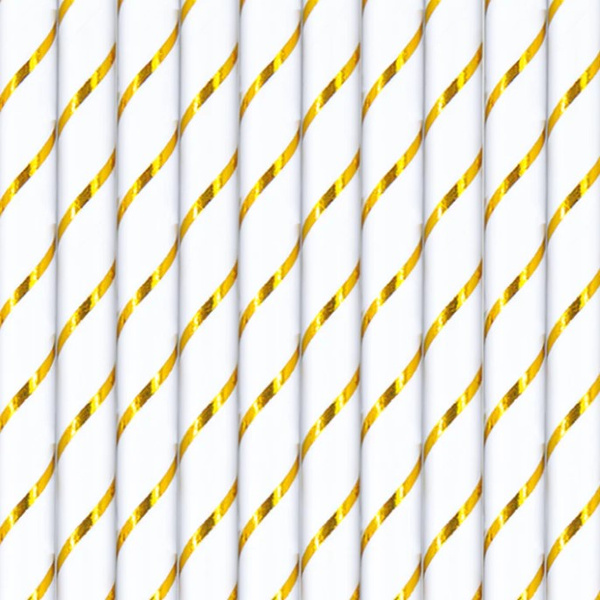 SŁOMKI PAPIEROWE BIAŁE ZŁOTE PASKI 10 SZT BIAŁY ZŁOTY KOMUNIA ŚLUB WESELE Stan opakowania oryginalne