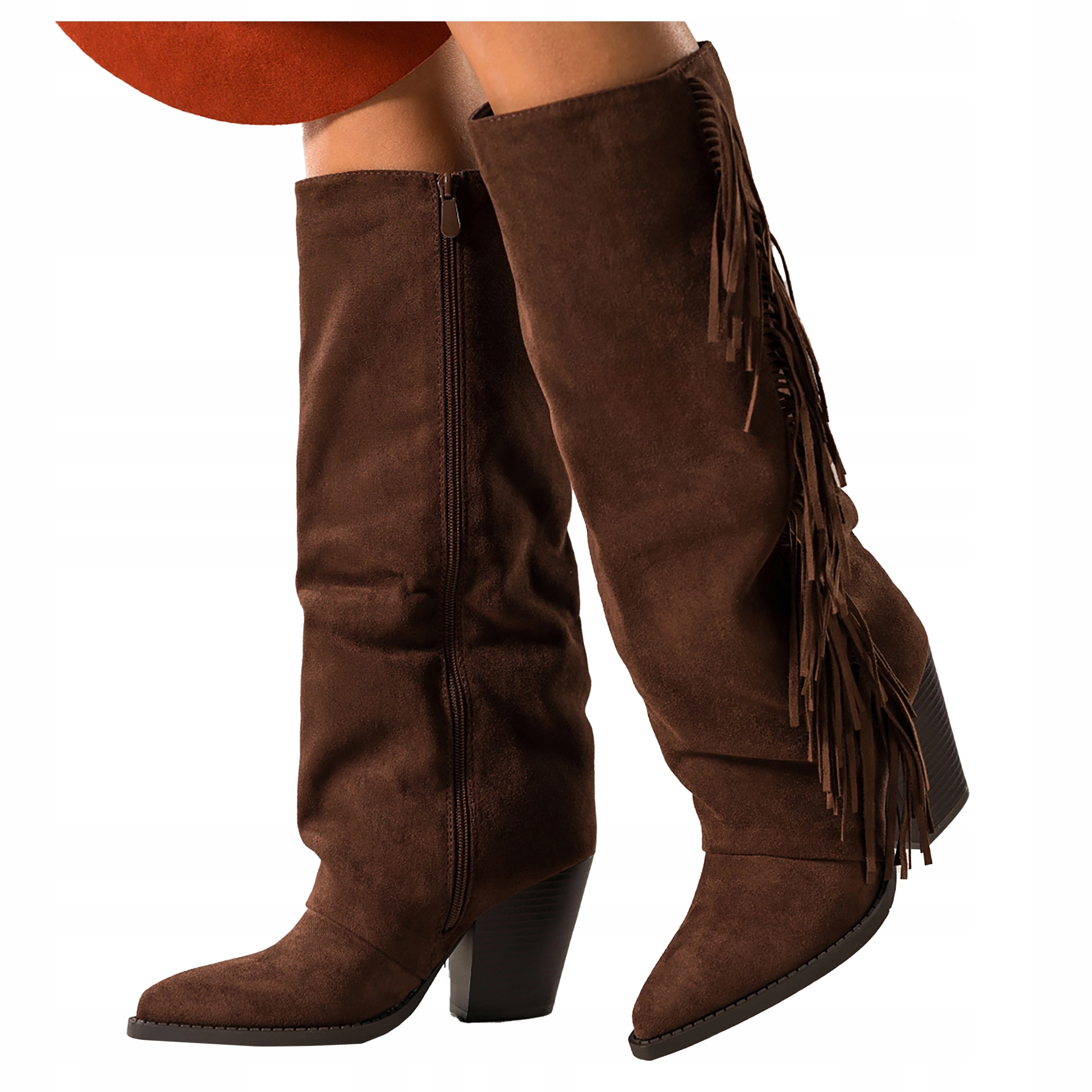 Čokoládové Kozačky Dámské Pohodlné Kovbojské Boty s třásněmi Zkosený podpatek velikost 38