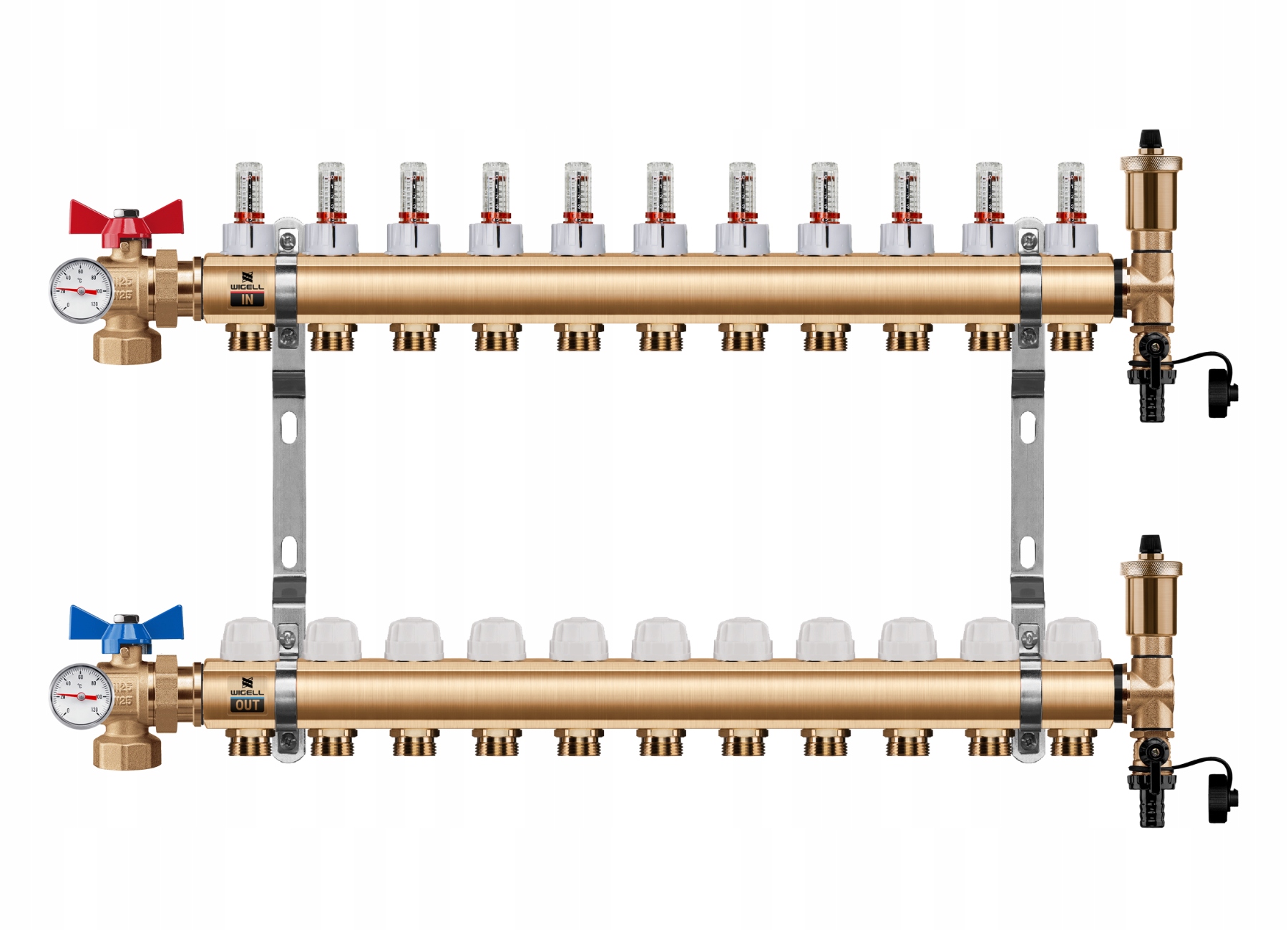 Rozdělovač Podlahy 11 Okruhů Úhlový Kulový Ventil Teploměr Pex
