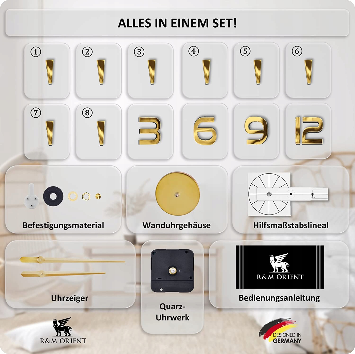 DUŻY ZEGAR ŚCIENNY PRZYKLEJANY NOWOCZESNY ZŁOTY 3D Typ ścienny