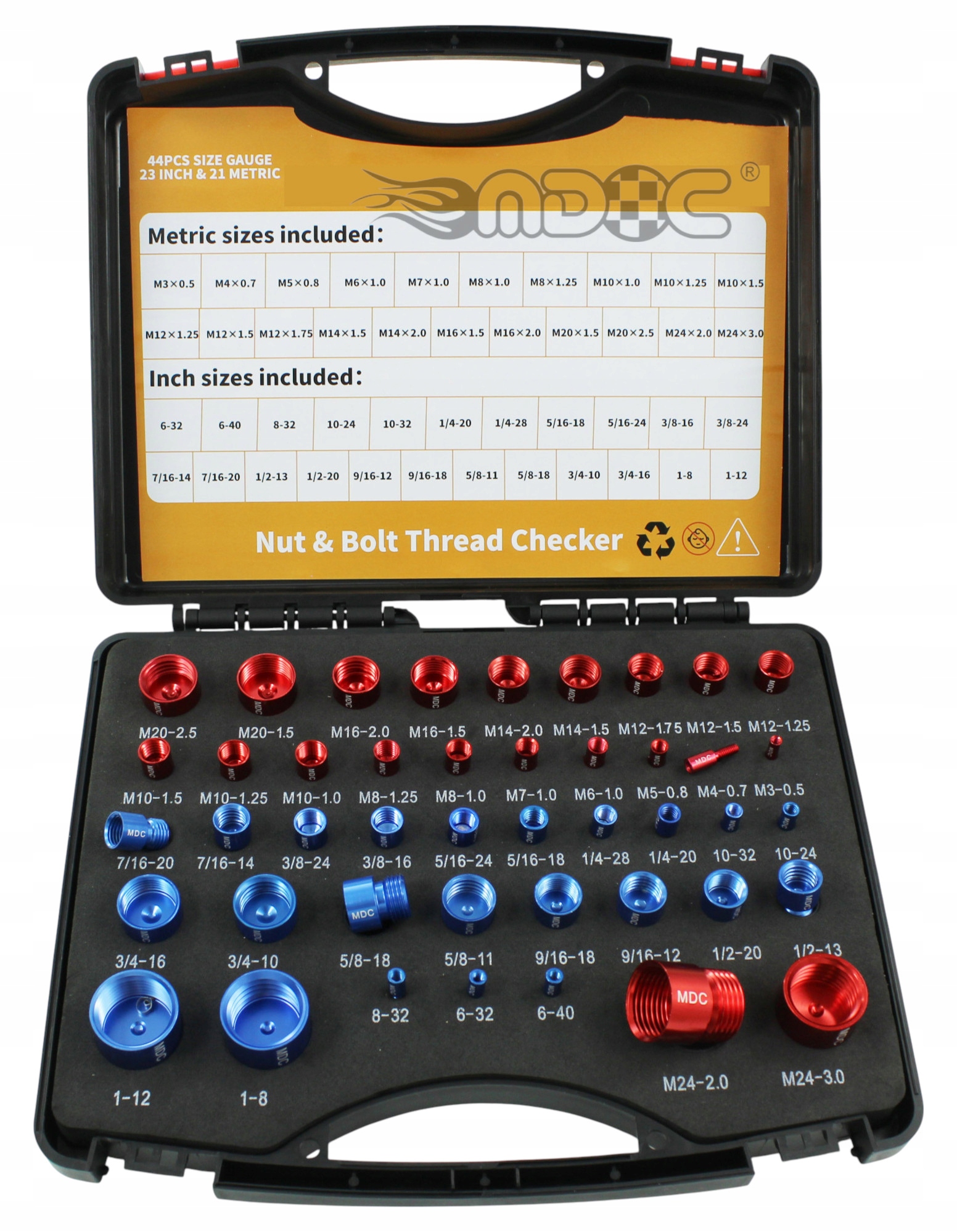 MDC Měřič závitů Sada 44 Tester pro kontrolu palcových metrických závitů