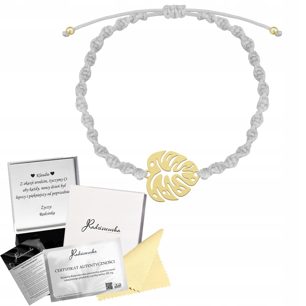 Zlatý náramek List Monstery Šňůra Stříbro 925 Dárek Dedikace Bonus