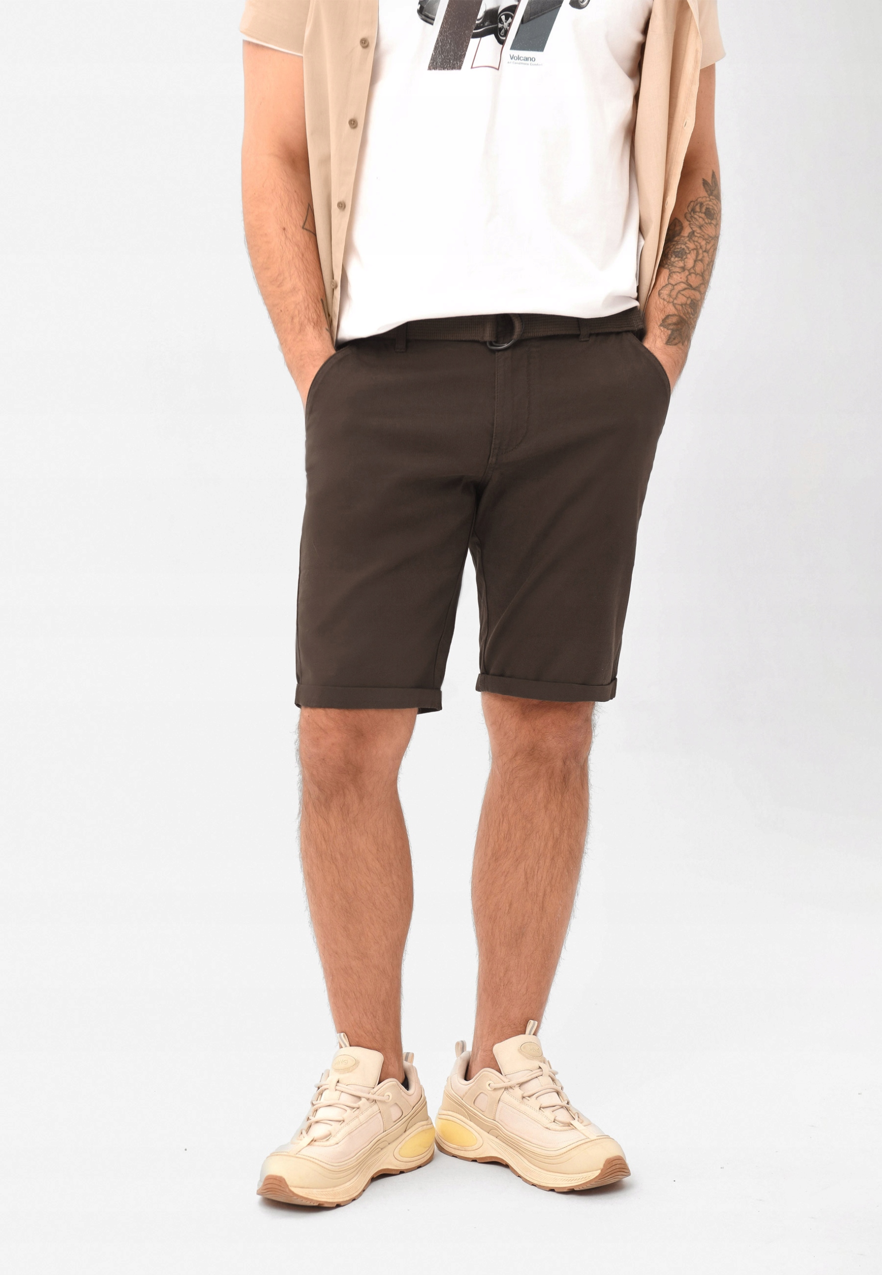 Pánské Chino Šortky S Páskem Volcano Hnědé P-oxy M