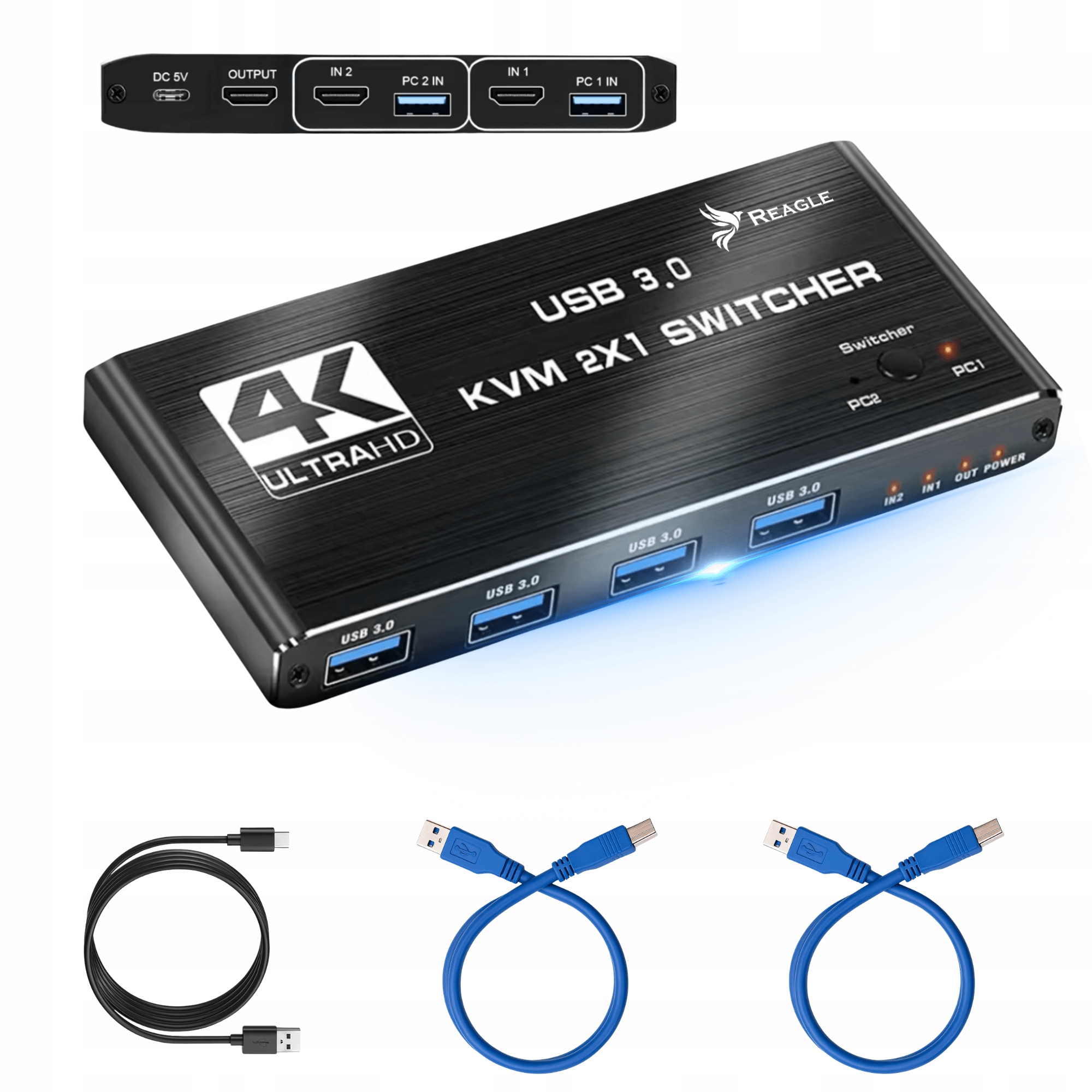 Switch Hdmi Reagle Přepínač Kvm 4K 60Hz 2X1 Hdmi 2.0 4x Usb 3.0 Hdcp 2.2