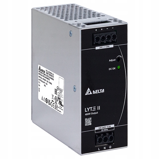 Impulzný napájací zdroj pre Din lištu 24V 20A, Delta Electronics DRL-24V480W1EN