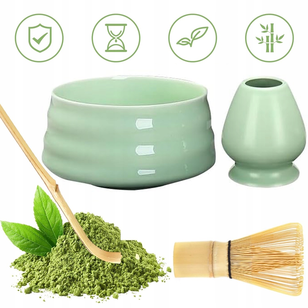 4-DÍLNÁ Sada Matcha, Sada Metliček Na Matchu, Miska Matcha Zelená
