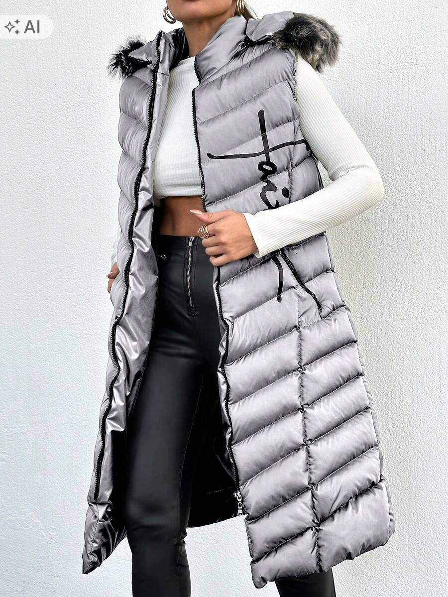 Shein Šedý Prošívaný Kabát S Kapucí A Kožešinovým Límcem XL XL 1LA