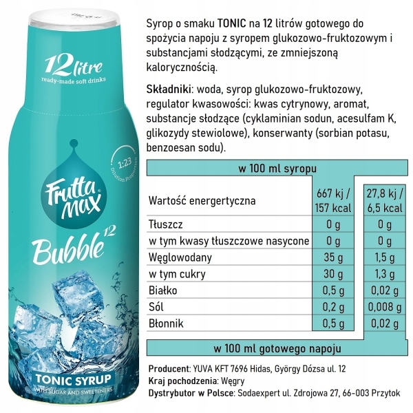 FruttaMax SYROP KONCENTRAT DO NAPOI GAZOWANYCH SMAK TONIC NA 12l Marka Fruttamax