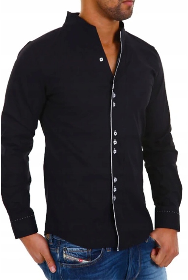 ELEGANCKA MĘSKA CZARNA KOSZULA STÓJKA - M Rękaw długi rękaw