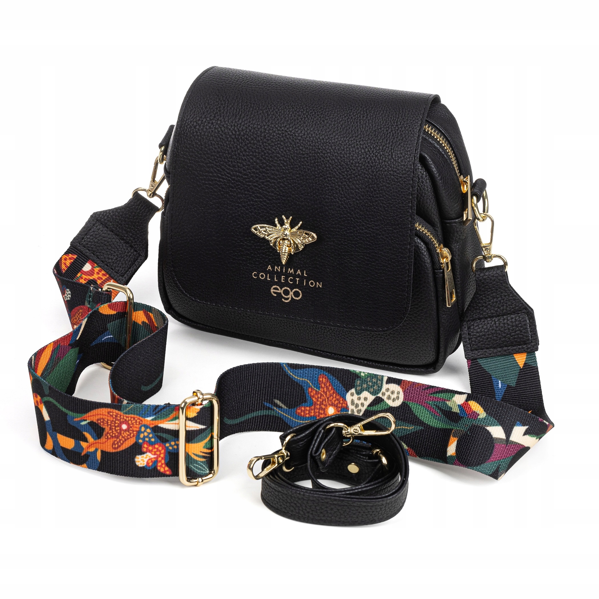 Ego Polska Torebka Damska Listonoszka Czarna Kolorowy Pasek Skóra Włoska