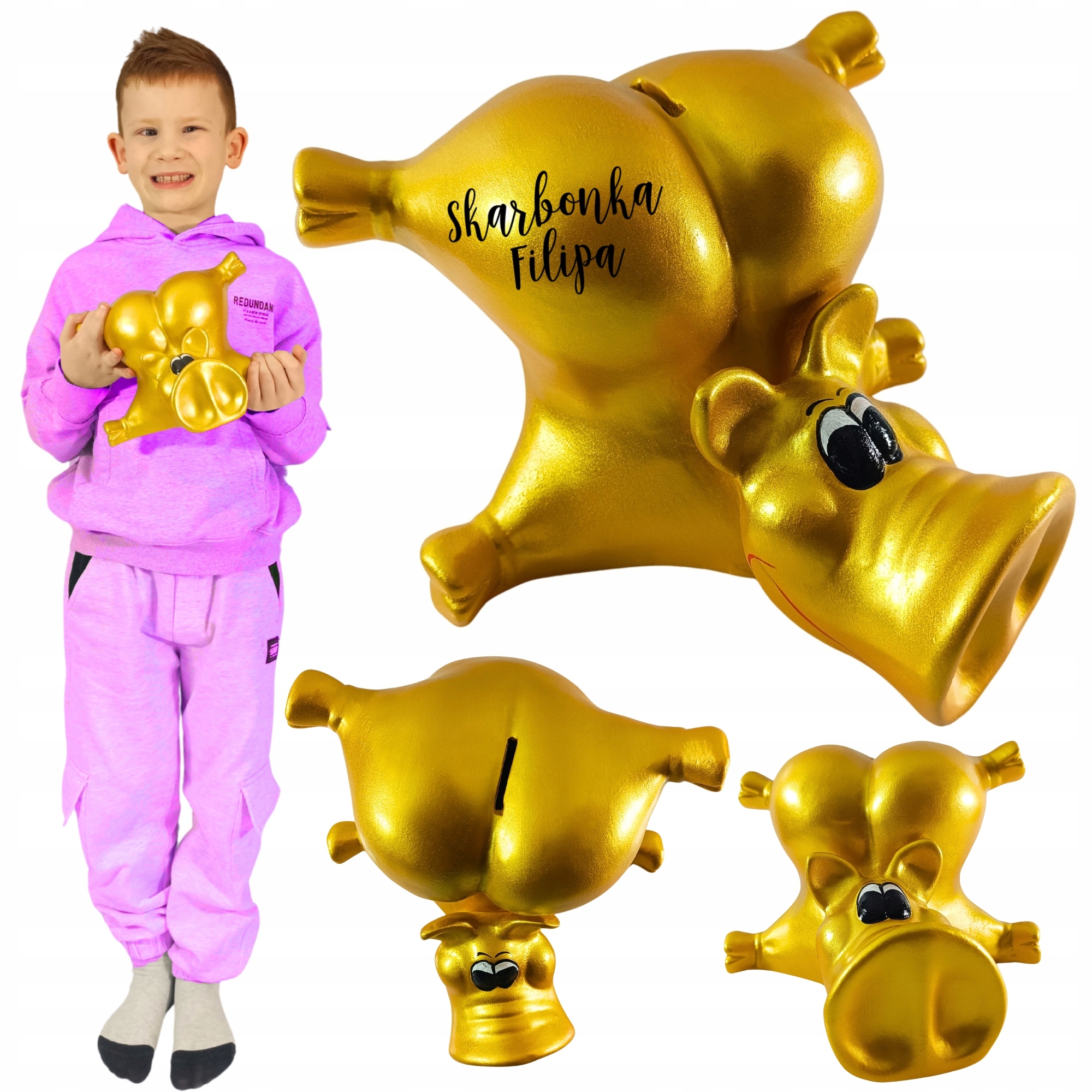 Personalizovaná Pokladnička velká XL Zlatá se jménem Libovolný Text grafika