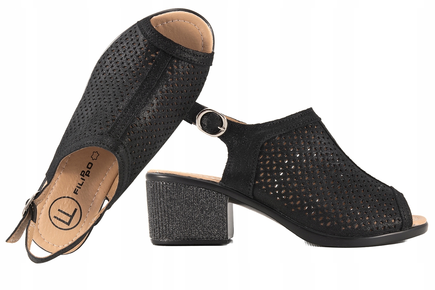 Filippo DS4475 Dámské Prolamované Sandály Na Podpatku Černá Kůže 37 Černá