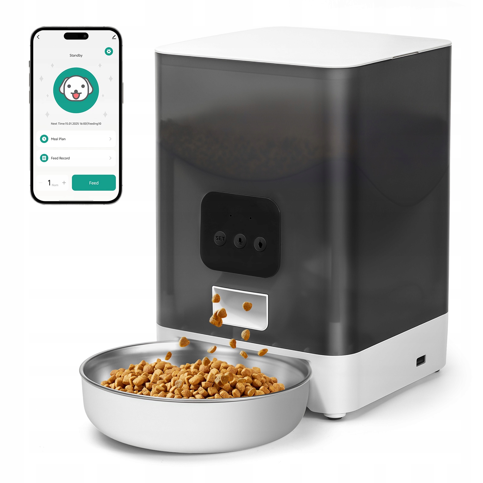 Levně 3L Automatický Dávkovač Krmiva pro Kočky s Tlačítkem, Zásobník Suchého Krmiva s Časovačem a Hlasovým Záznamníkem