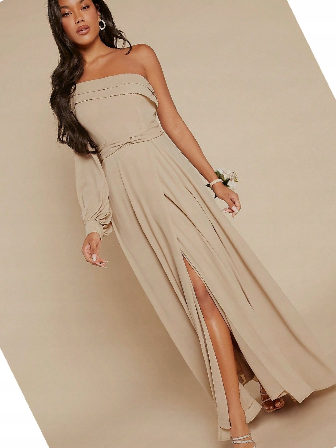 Šaty Maksi s jedním rukávem Béžová Šifonová Asymetrická Xs 34