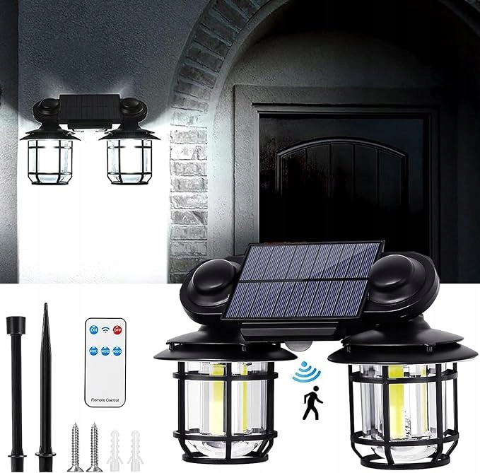 LAMPA SOLARNA LED PODWÓJNA KINKIET Z CZUJNIKIEM RUCHU DO OGRODU GARAŻU IP65