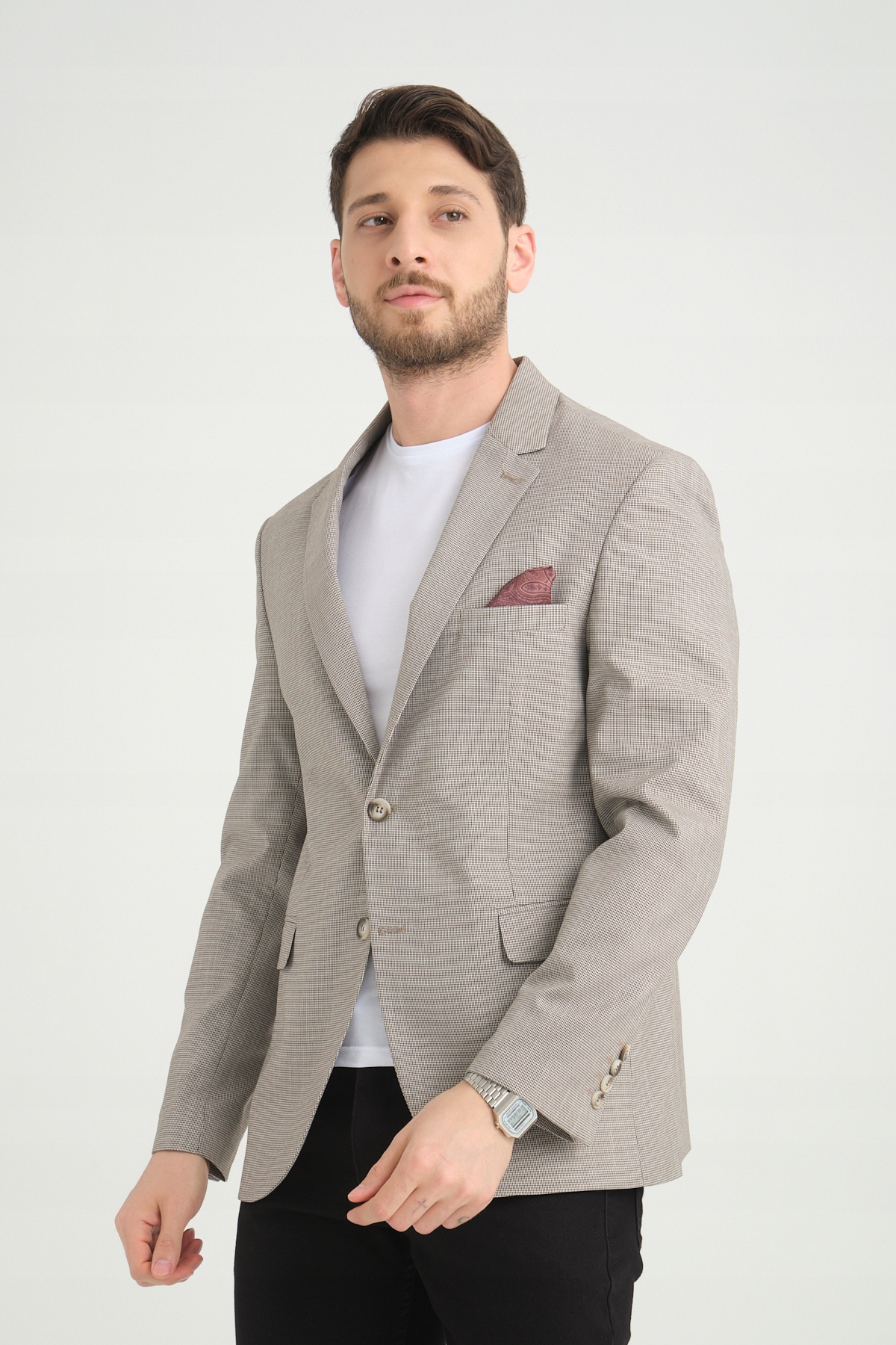 MARYNARKA MĘSKA BEŻOWA W PEPITKĘ WIZYTOWA ELEGANCKA BIZNESOWA CASUAL 48 Okazja casual (na co dzień)