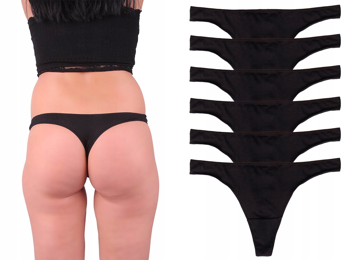 

6x Stringi Damskie Czarne Bawełniane Zestaw S/m