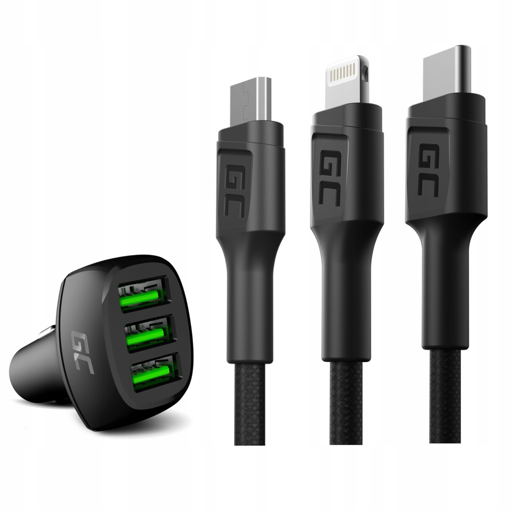 Ładowarka samochodowa 3x Usb z kablami Usb-a do Usb-a, Usb-c i Micro Usb