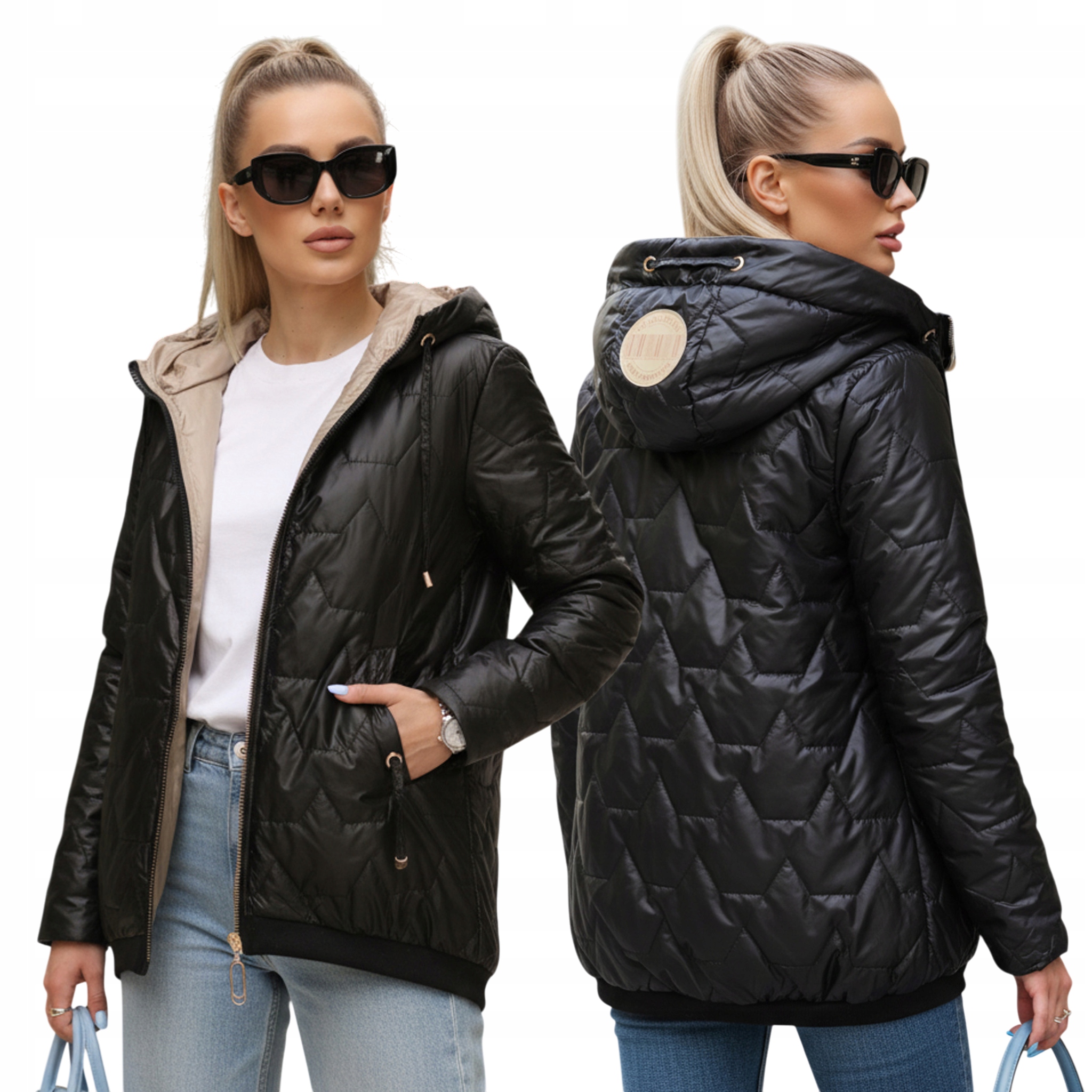 Kurtka damska przejściowa pikowana z kapturem czarna TY5546 XL