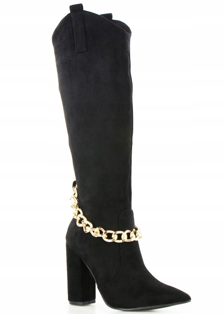 Kozačky Černé Špicový Semišový Sloupek S Řetězem R37