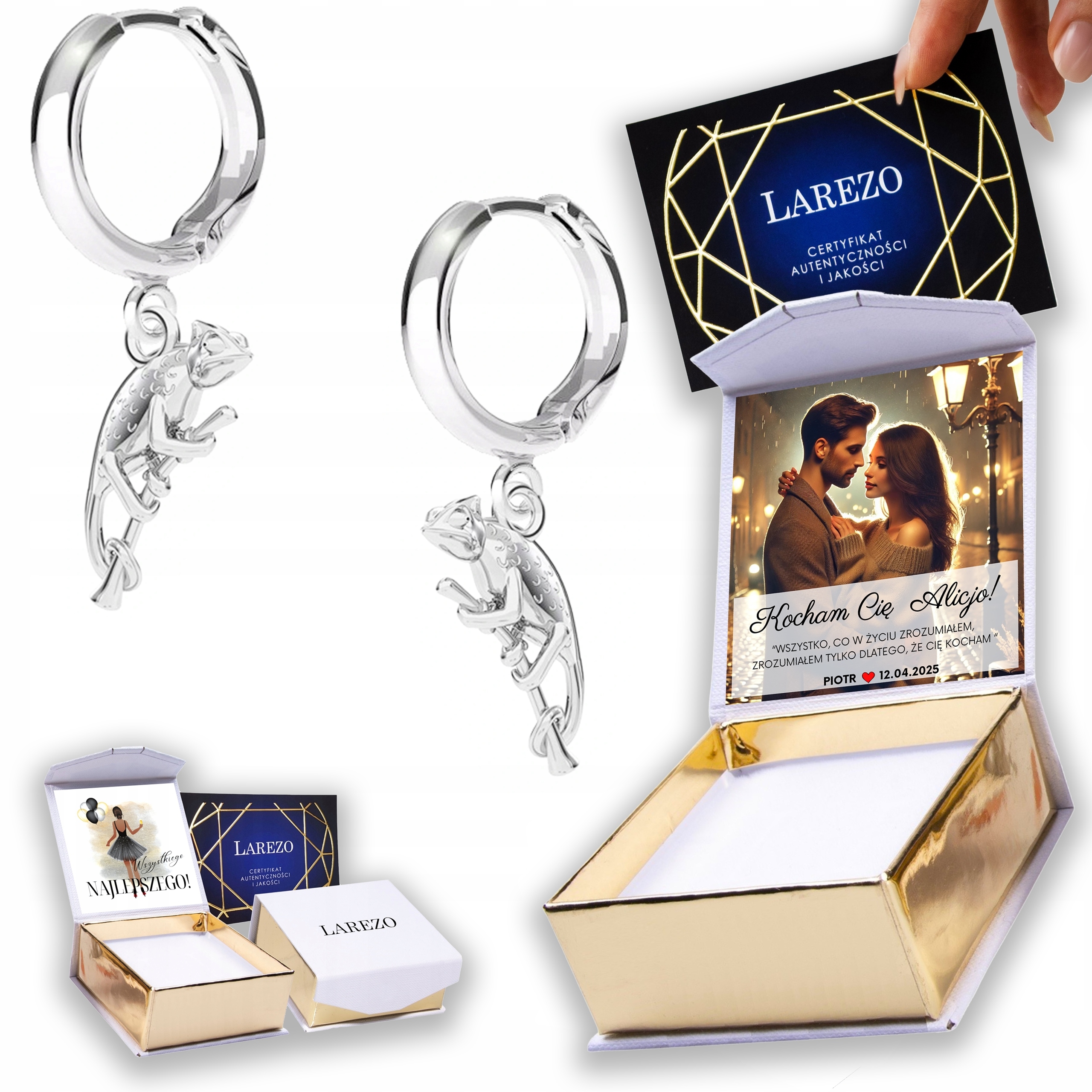 Stříbrné Náušnice 925 Chameleoni Ještěrky Ještěrka Chameleon Potisk