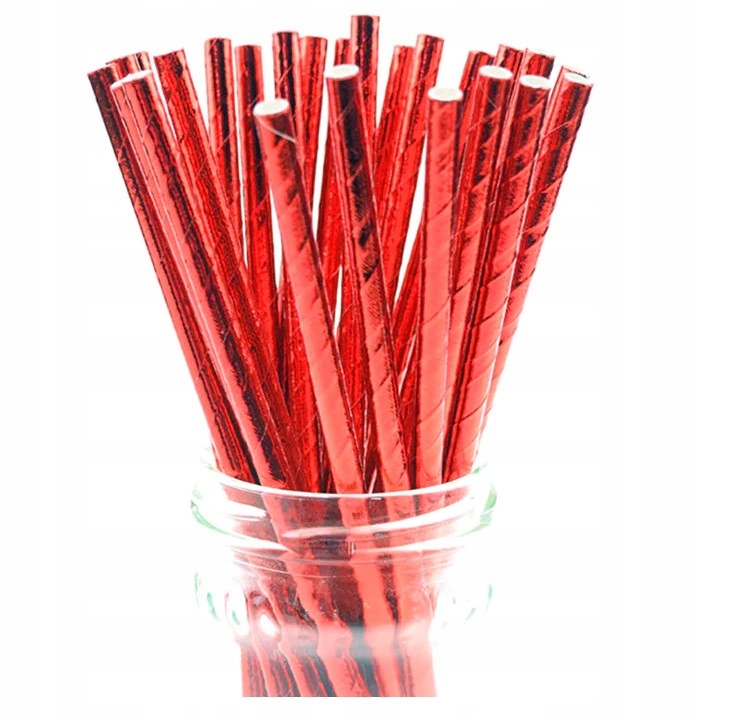 Słomki RURKI papierowe czerwone 25 szt panieński metaliczne sylwester