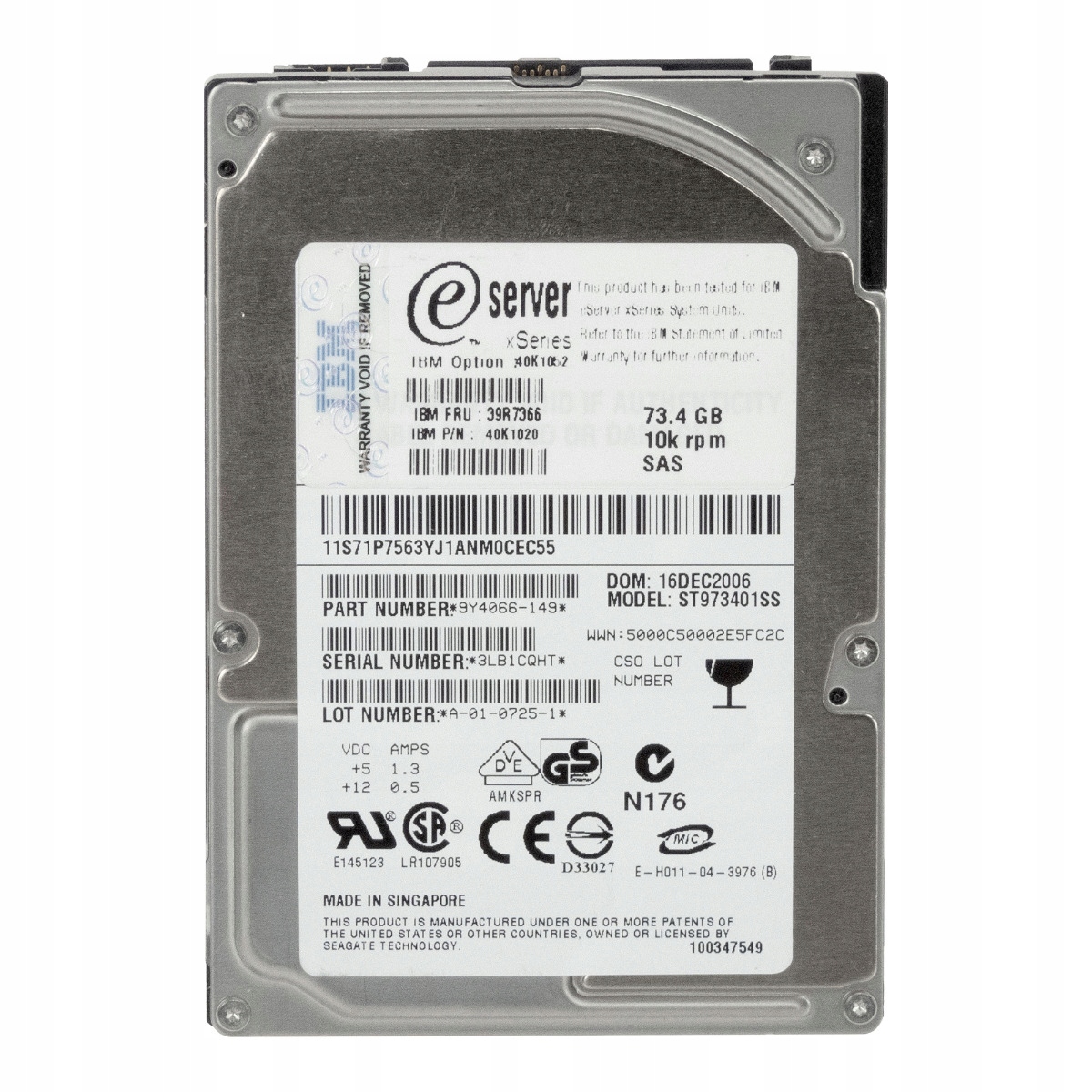 Ibm 39R7366 40K1020 73GB 10K 8MB Sas 2.5'' ST973401SS