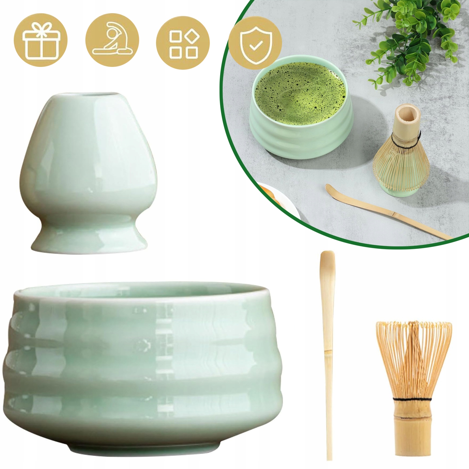 Dárková Sada Na Čaj Matcha, Šálek Metlička, Podstavec, Lžička