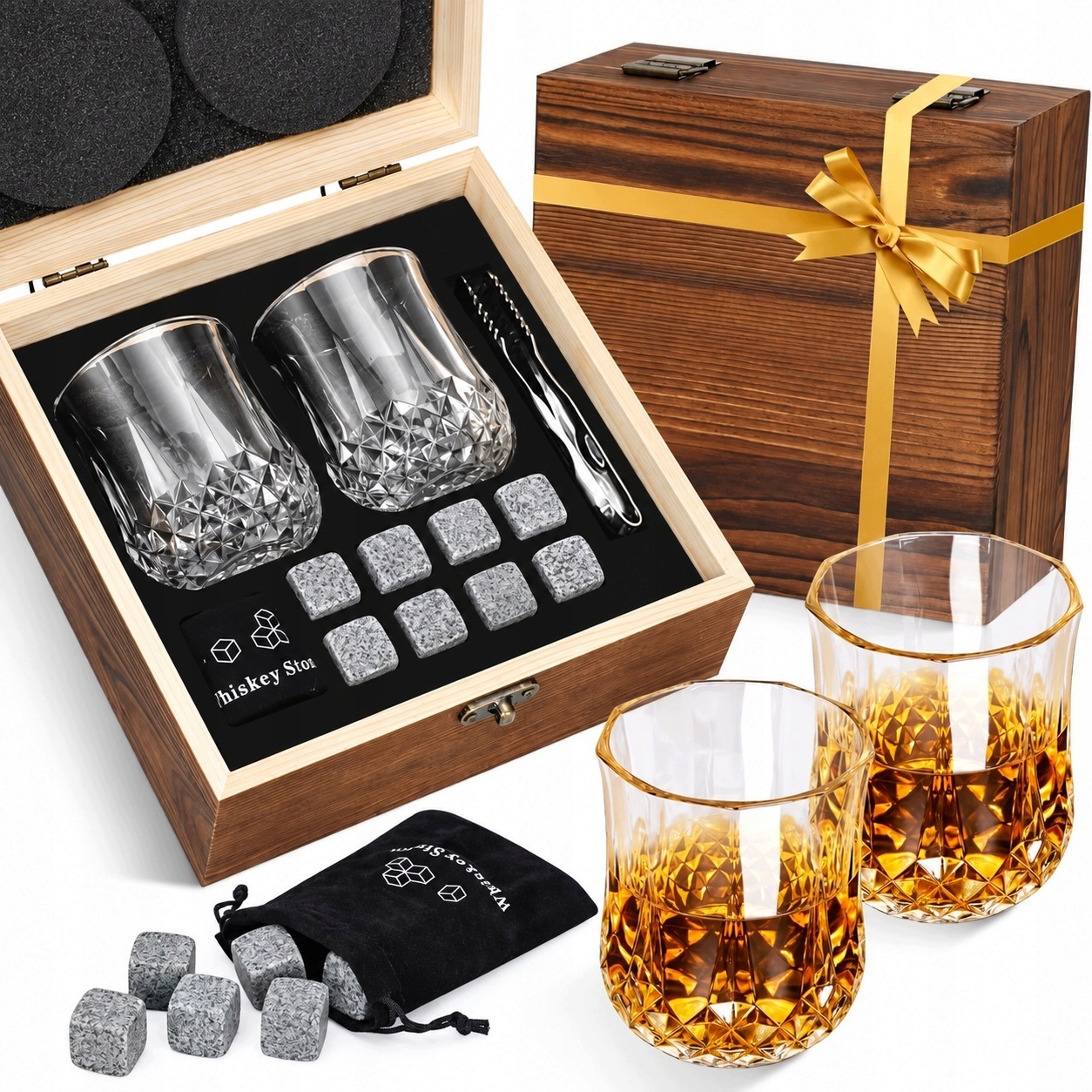 Sada na whisky 2 sklenice 8 chladicích kamenů dřevěná krabička