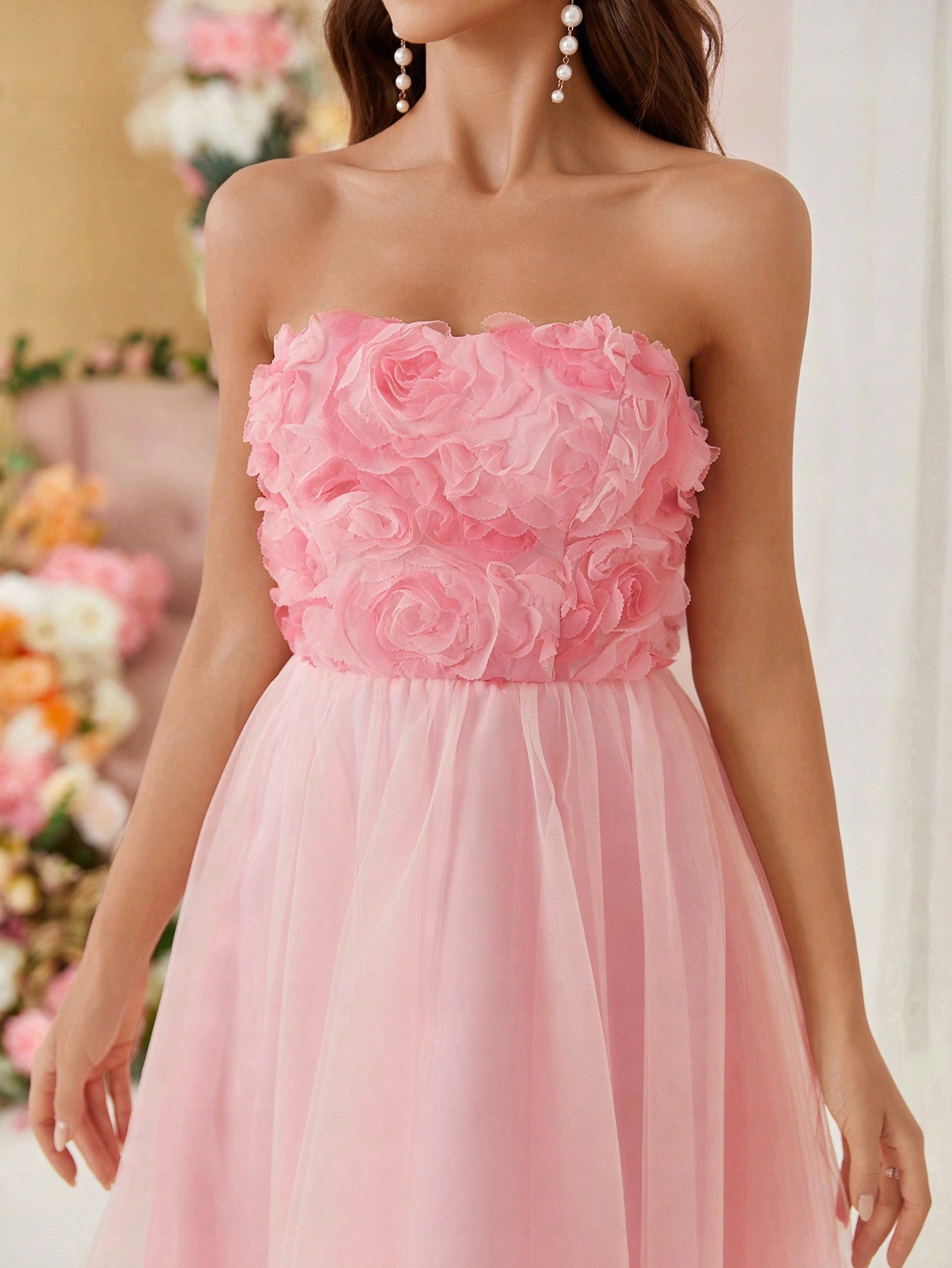 Šaty Růžové S 3D Květinami Večerní Shein L 40