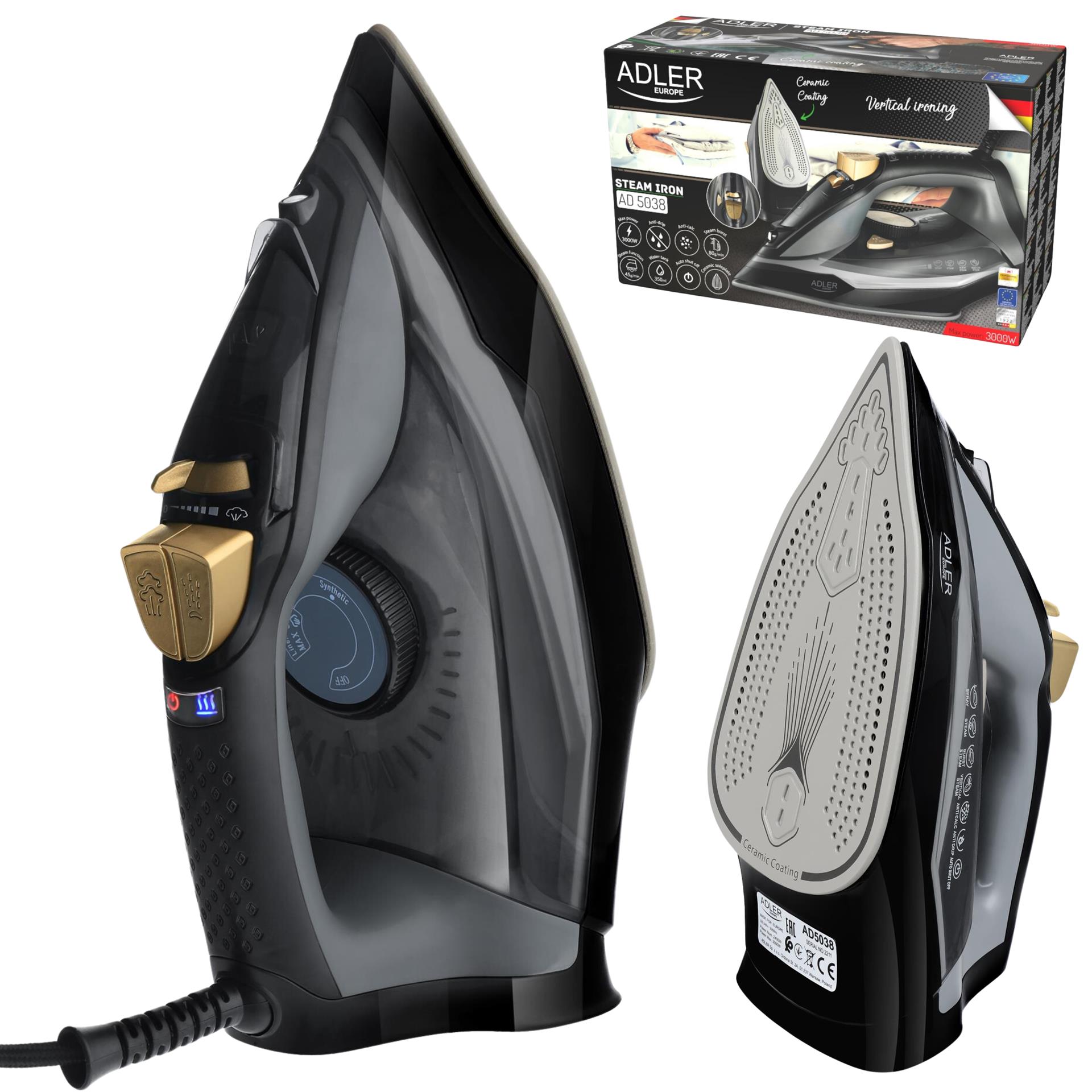 Żelazko Parowe Adler Ad 5038 3000W 5 Funkcji Ceramiczna Stopa