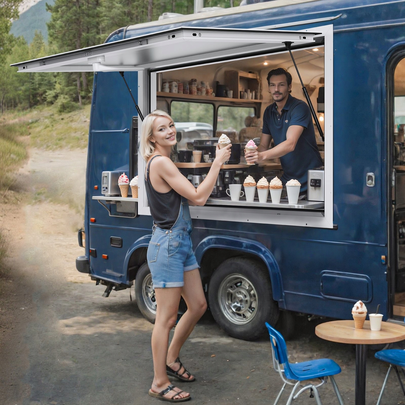 Koncesné servisné okno Food Truck príves 94.3 cm 94.3 cm prémiová oceľ