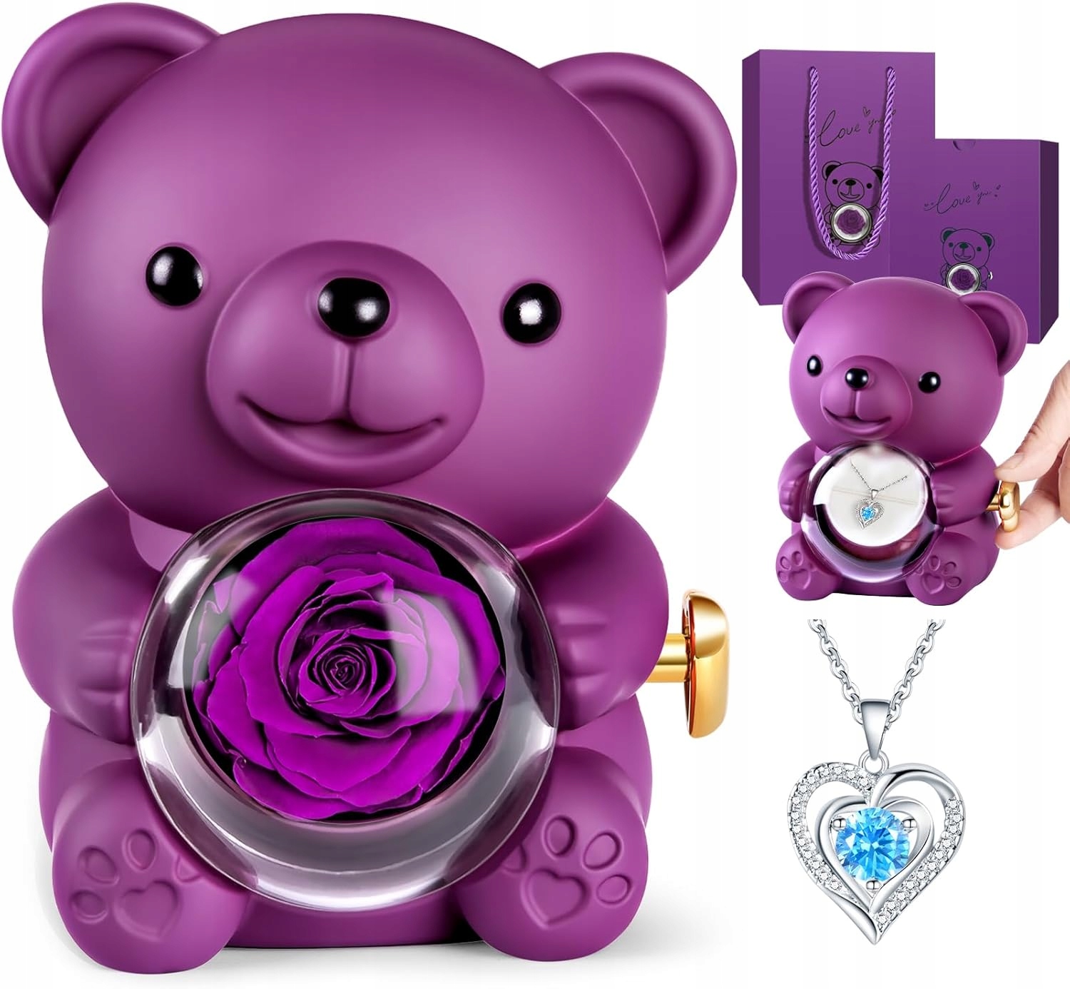 Medvěd s věčnou růží a náhrdelníkem – Romantický Dárek pro ni